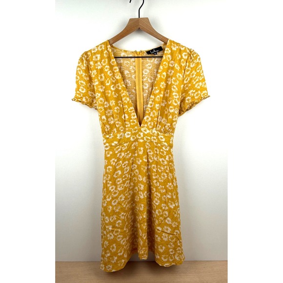 Lulus Dresses & Skirts - Lulus Mustard Yellow Floral Print Mini Dress Short‎ Sleeve Deep V Neck